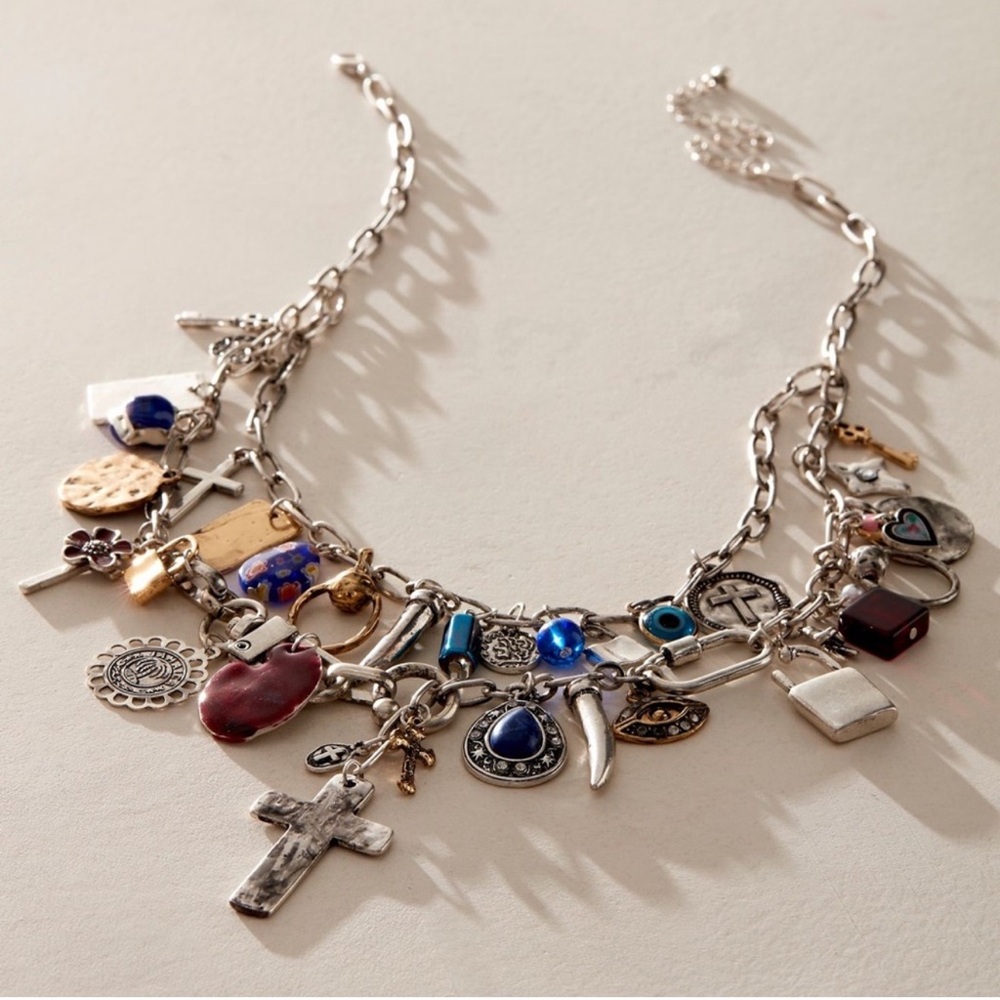 Free People Silver Multi-Charm Necklace with Blue and Red Accents